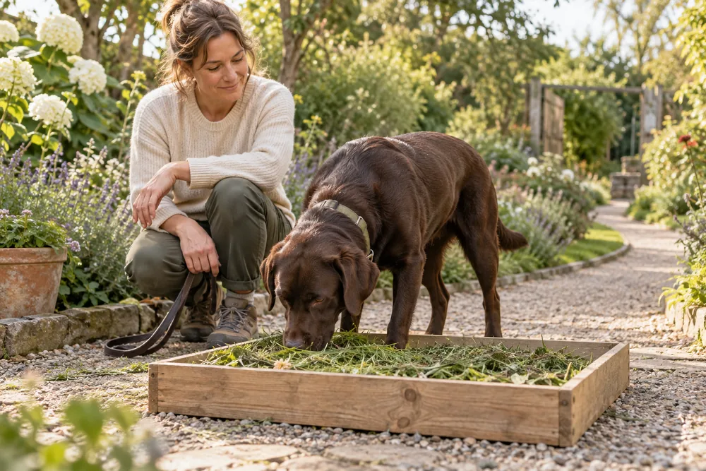 A Labrador pausing for a supervised sniffing activity after a garden walk