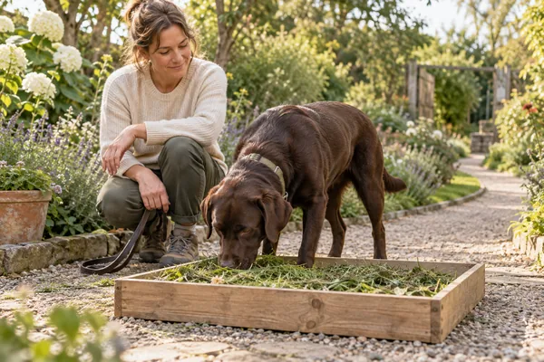 A Labrador pausing for a supervised sniffing activity after a garden walk