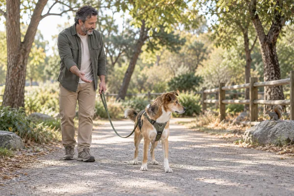 A mixed-breed dog noticing a park distraction while its owner calmly offers a cue