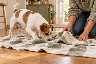 A terrier sniffing through the folds of a towel during a supervised scent game