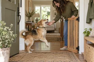 A mixed-breed dog lifting a front paw during a calmly managed doorway greeting