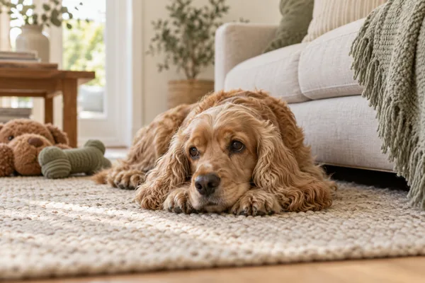 A cocker spaniel resting quietly beside a sofa with toys set aside