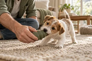 A terrier puppy redirected toward an appropriate chew toy by a calm adult
