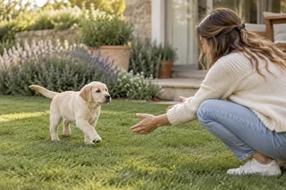 A Labrador puppy approaching an owner during a short name-response exercise