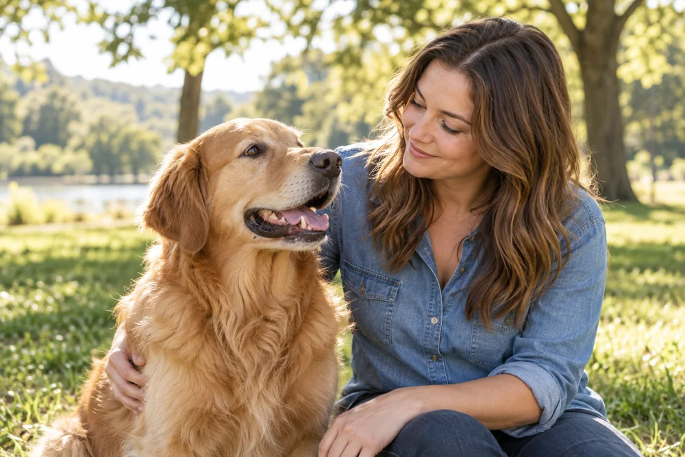 A woman enjoying a quiet moment with a golden retriever in a sunny park
