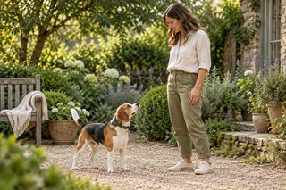 A beagle turning toward its owner during a brief garden attention exercise