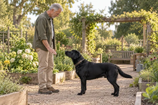 A black Labrador attending to a quiet hand cue in a garden