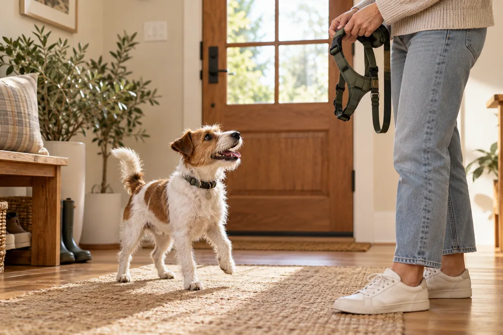 A terrier eagerly waiting at the doorway while its owner prepares a harness