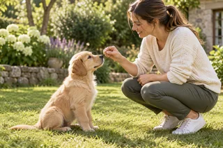 An owner rewarding a puppy during a calm garden lesson