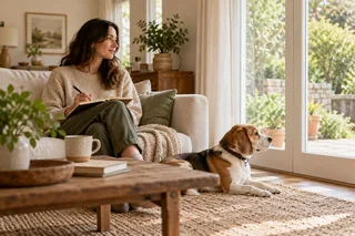 An owner noting what a beagle notices near a garden window
