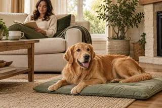 A golden retriever resting on a mat while an adult reads nearby